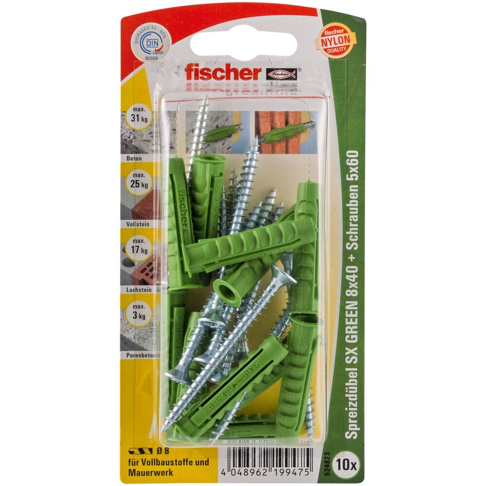 EAN 4048962199475 - Fischer 524823 tornillo de anclaje y taco 10 pieza(s) Juego de enchufes de pared y tornillos 40 mm imagen 1