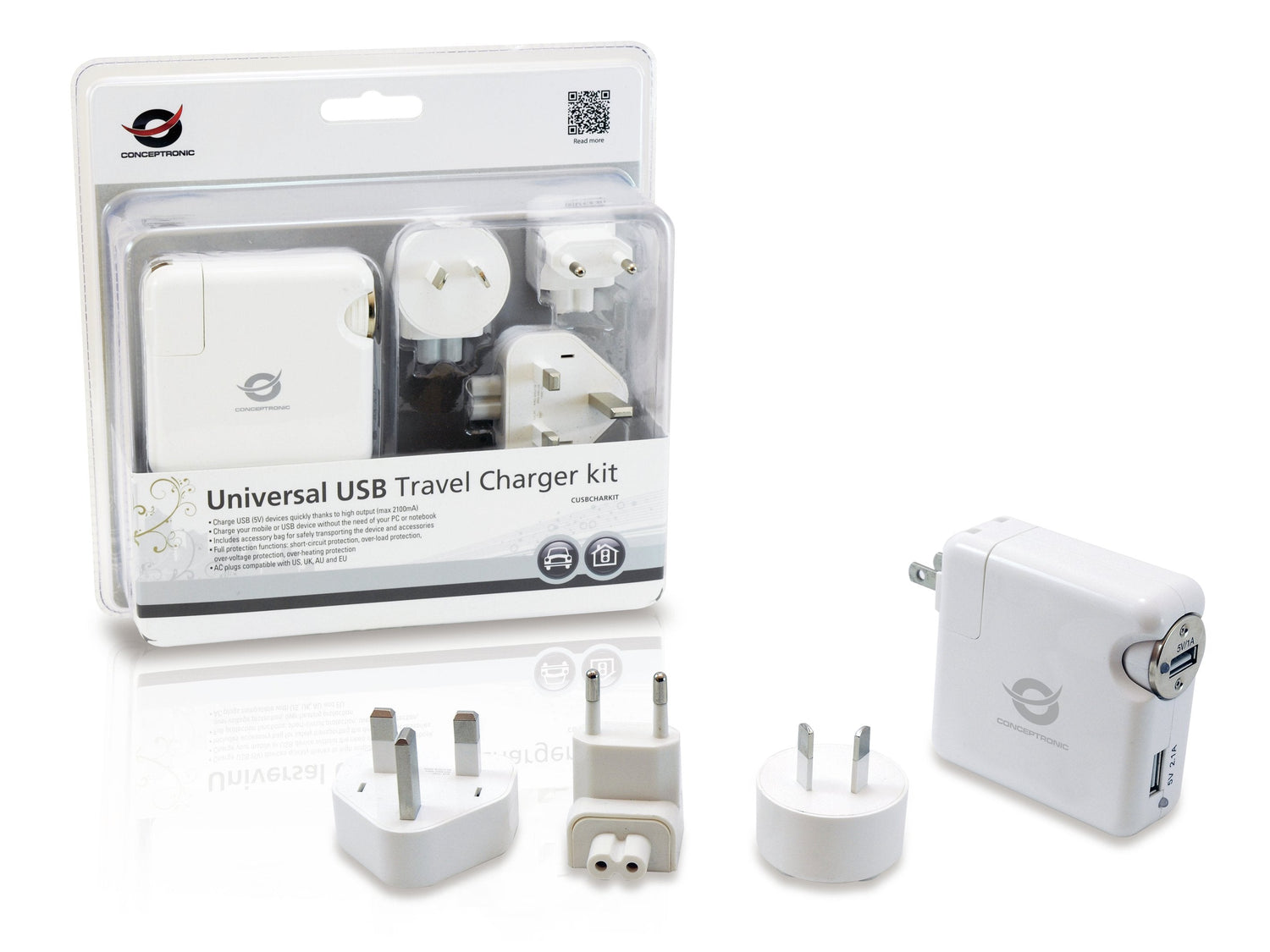Conceptronic Kit Cargador De Viaje Universal Incluye Cargador Usb A Coche Y Pared Usb 5v 2a