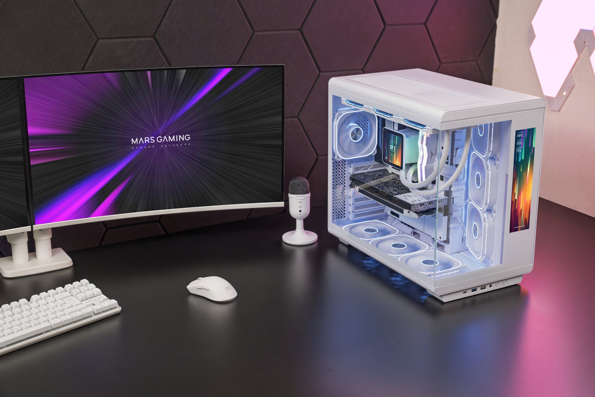 Caja Pc Atx Mars Gaming Mc-Revmaxw Pantalla Lcd 11.8" Cristal Templado 4x Ventiladores Argb Blanco