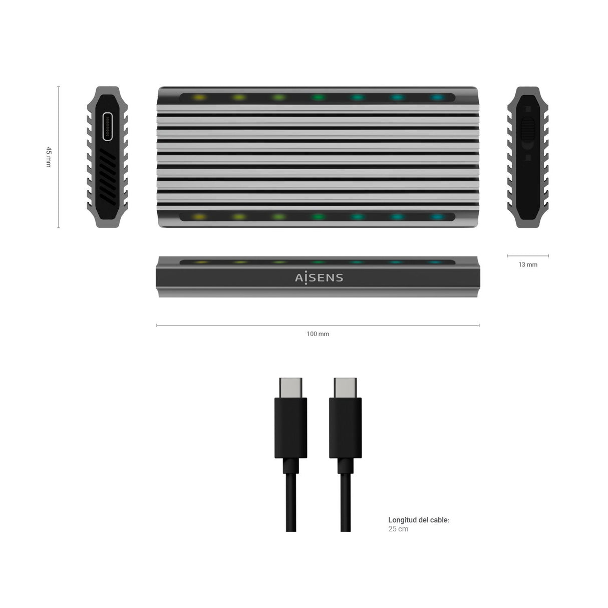 Aisens Caja Externa Para Disco Duro Ssd M.2 Sata Nvme Usb 3.2 Gen2 Sin Tornillos Asm2-Rgb011gr