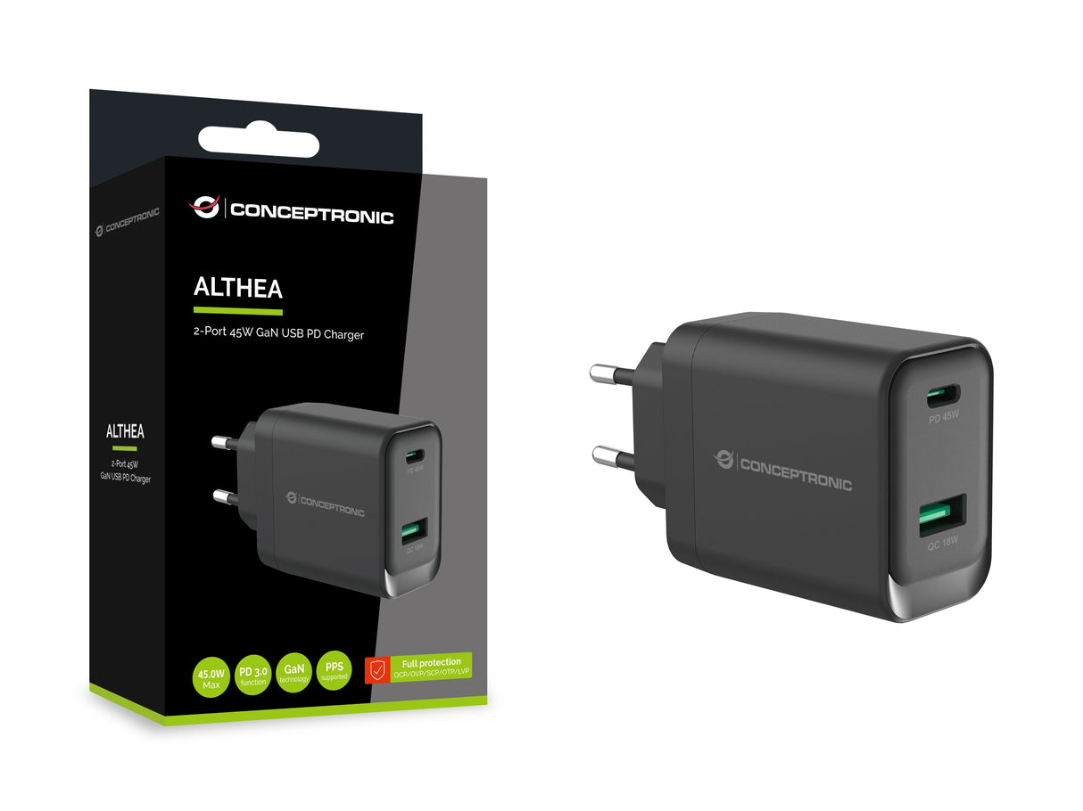 Cargador Conceptronic 2port Gan Usb-C -A 45wpd3.0 Pps Sw