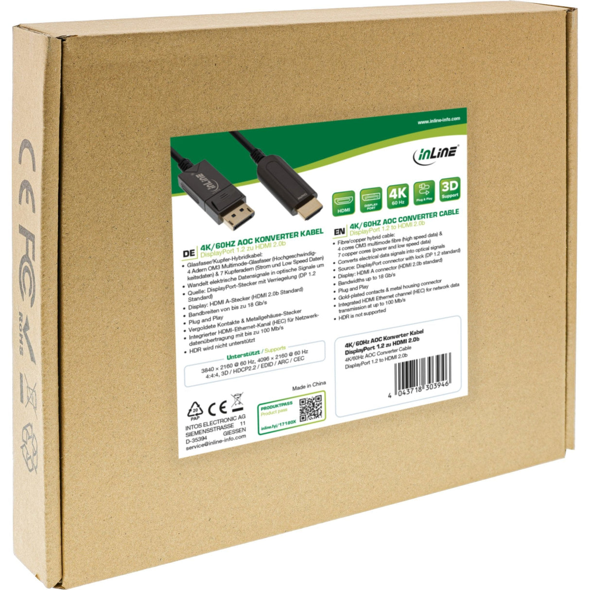 Cable Inline Displayport A Hdmi Aoc, 4k/60hz, Negro, 50m