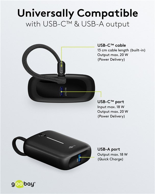 Goobay Powerbank 10.000 Mah, Integriertes Usb-C Cable 13cm, 20 Watt (Negro, 10 Ah, 1x Usb-A, 2x Usb-C, Pd, Qc) 76251