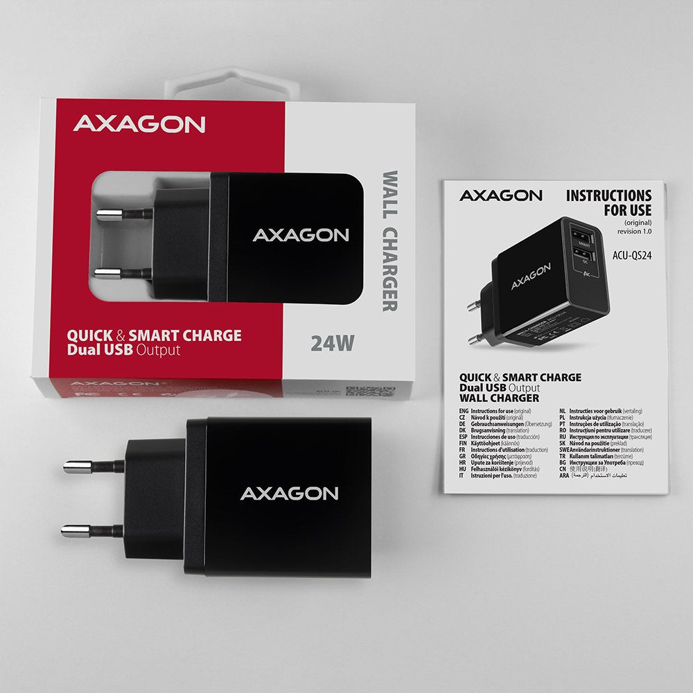 Axagon Acu-Qs24, Cargador De Red RãPido E Inteligente, 2x Puerto Usb Qc3.0 / Afc / Fcp + 5v-1.2a, 24w