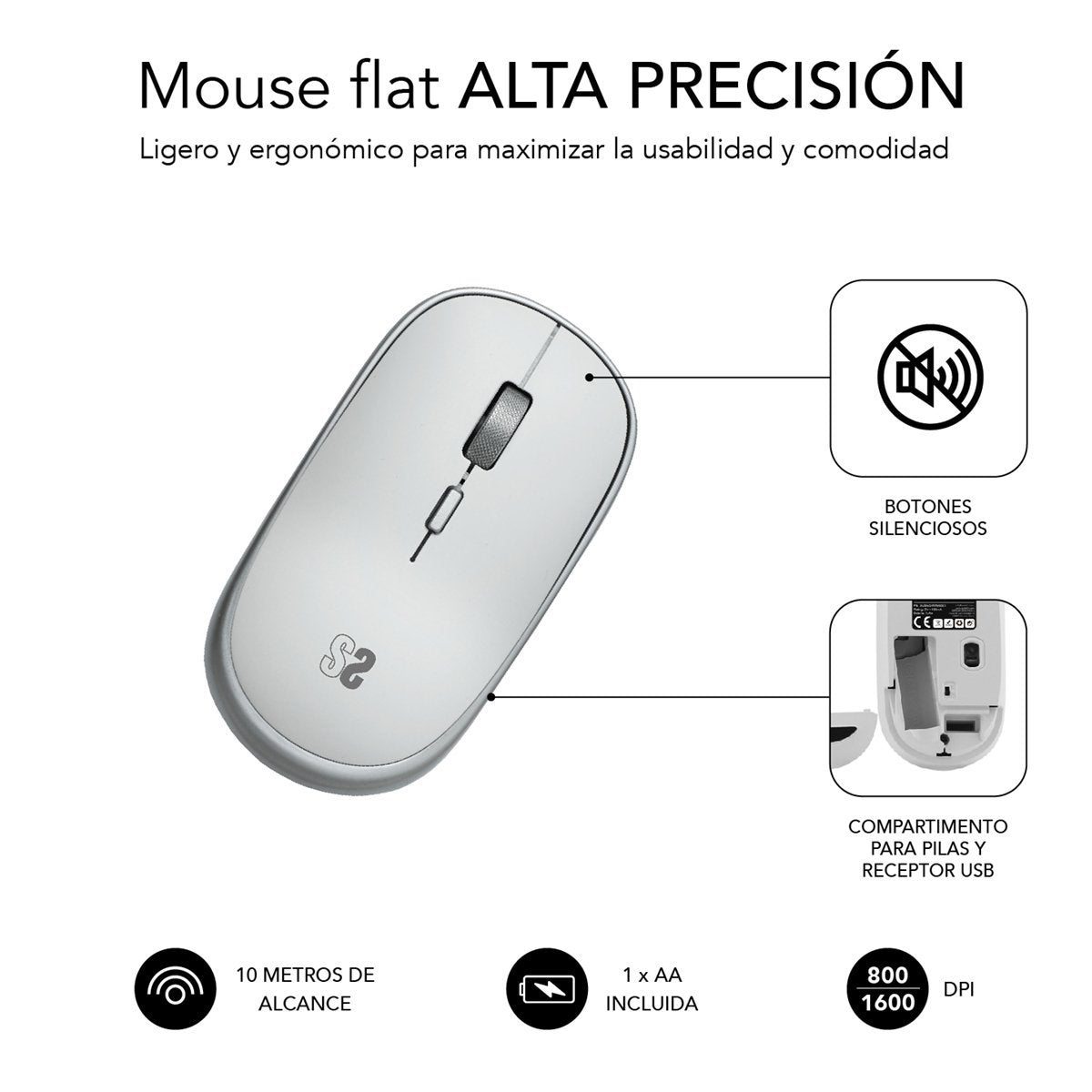 Raton Optico Wireless Mini Flat Silver Subblim Hasta 1600dpi/ Inalambrico/ Silent Click/ Ambidiestro