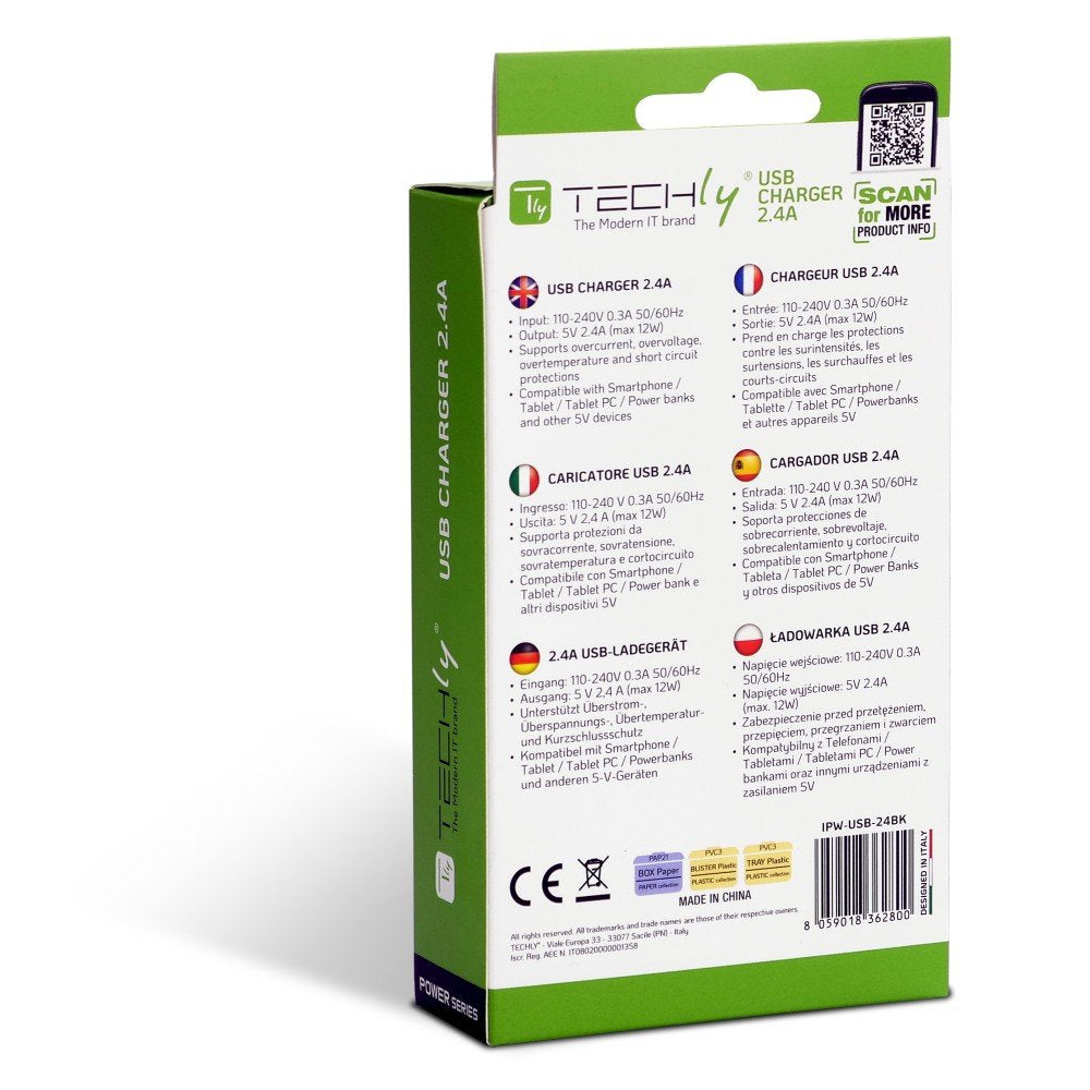 Cargador De Pared Techly Usb-A 5v 2.4a Para Smartphone O Tablet