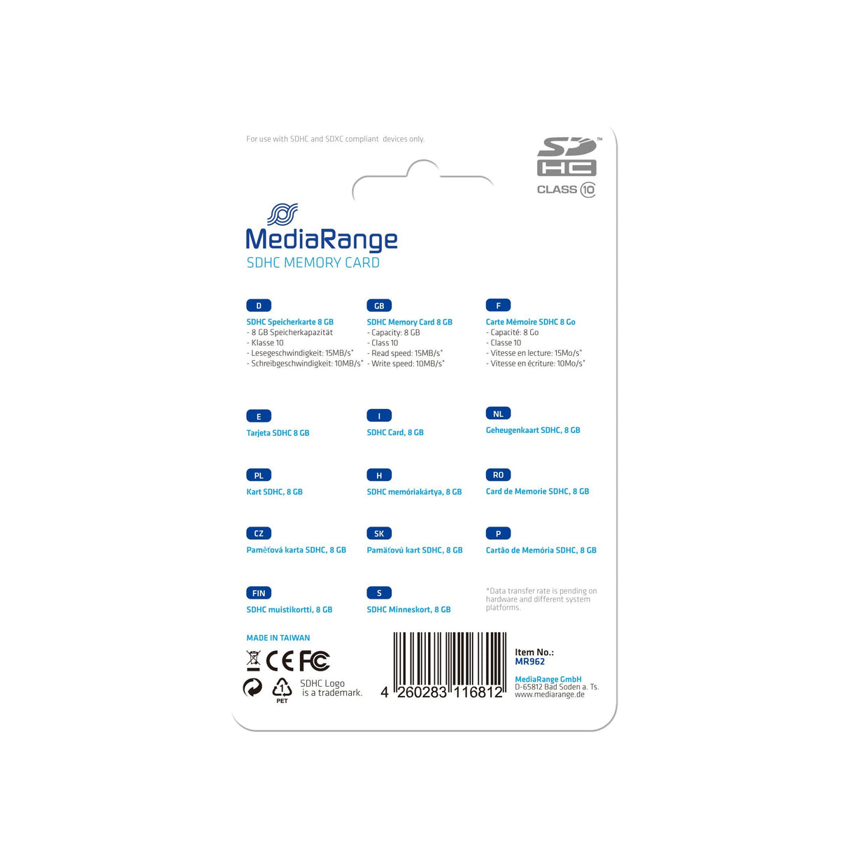 Tarjeta Sd Mediarange 8gb Sdhc Cl.10