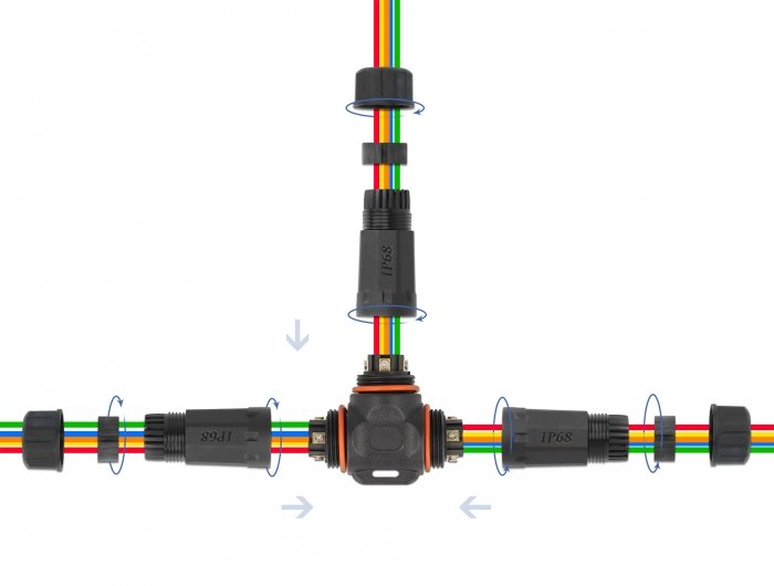Delock Empalme De Cable T-Form Para Exterior 5 Pin, Ip68 Impermeable, Atornillable, Diámetro Del Cable 4,5 - 7,5 Mm Negro
