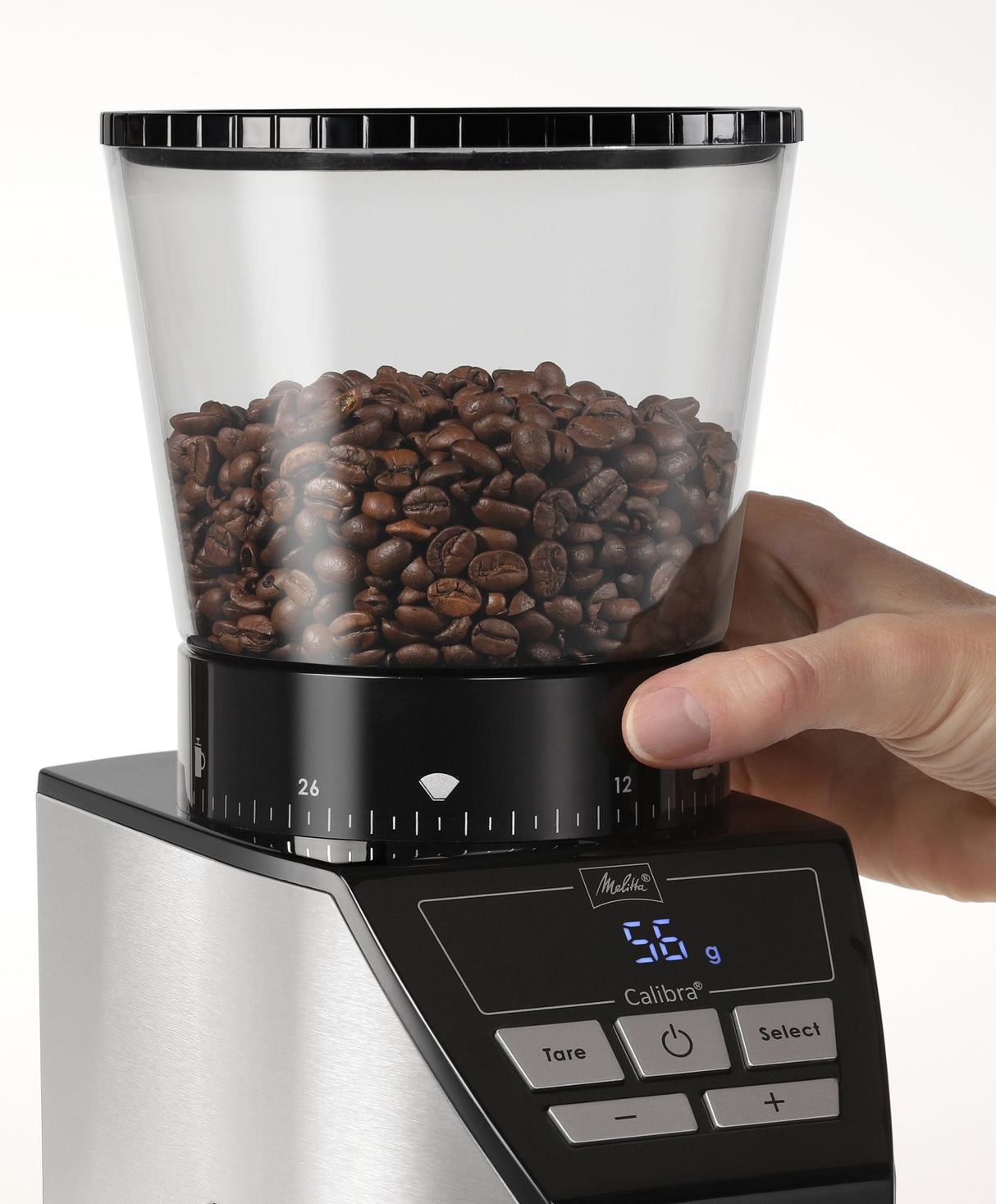Molinillo De Café Melitta Calibra 1027-01 Eléctrico Cónico Con 39 Ajustes De Molienda, Apto Para Distintas Cafeteras, Moledor De Café Con Báscula Digital Y Pantalla Lcd, 200?G, Negro