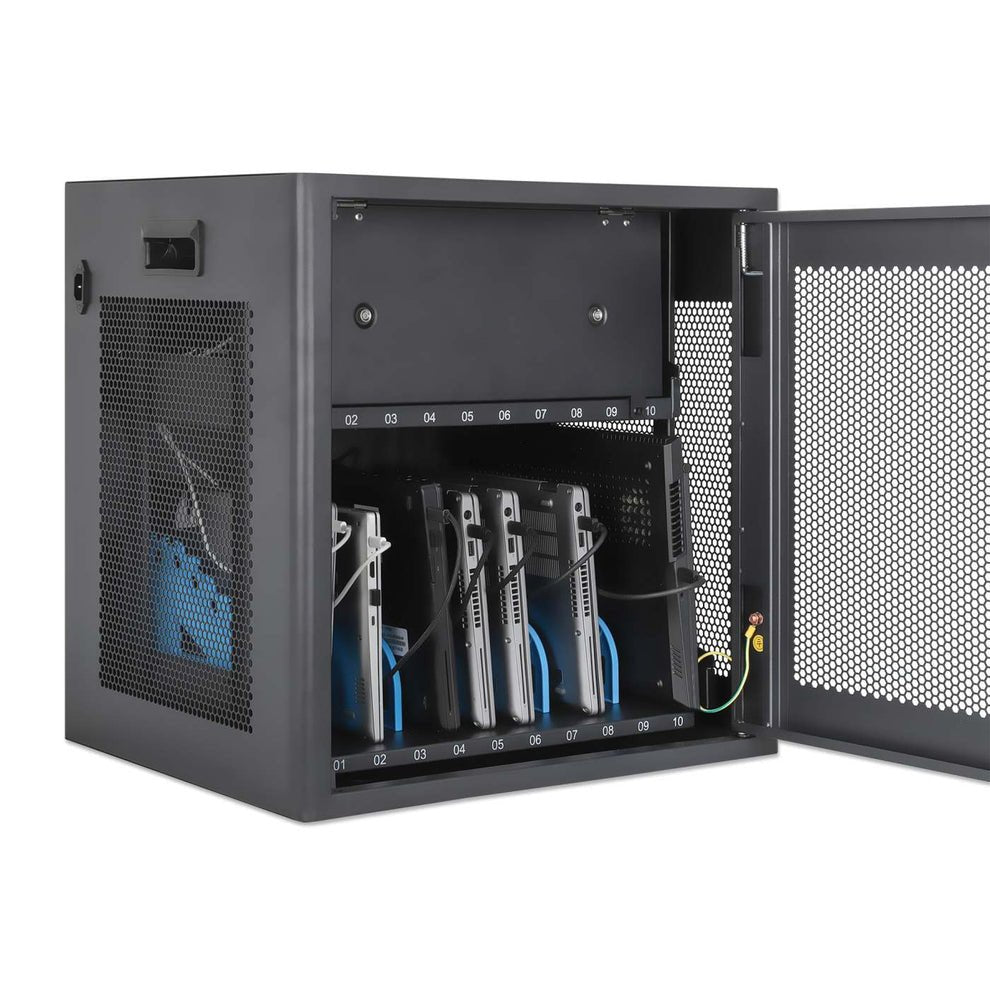Manhattan Laptop Charging Cabinet Desktop Via Ac Adapter (Eu) 10-Bay, Install Device'S Ac Adapter (Power Cables) Into Unit, Suitable For All Laptops (To 16"), Ipads, Macbooks, Chromebooks, Other Portable Devices, Bays 380x30x280mm, Cart, Lo