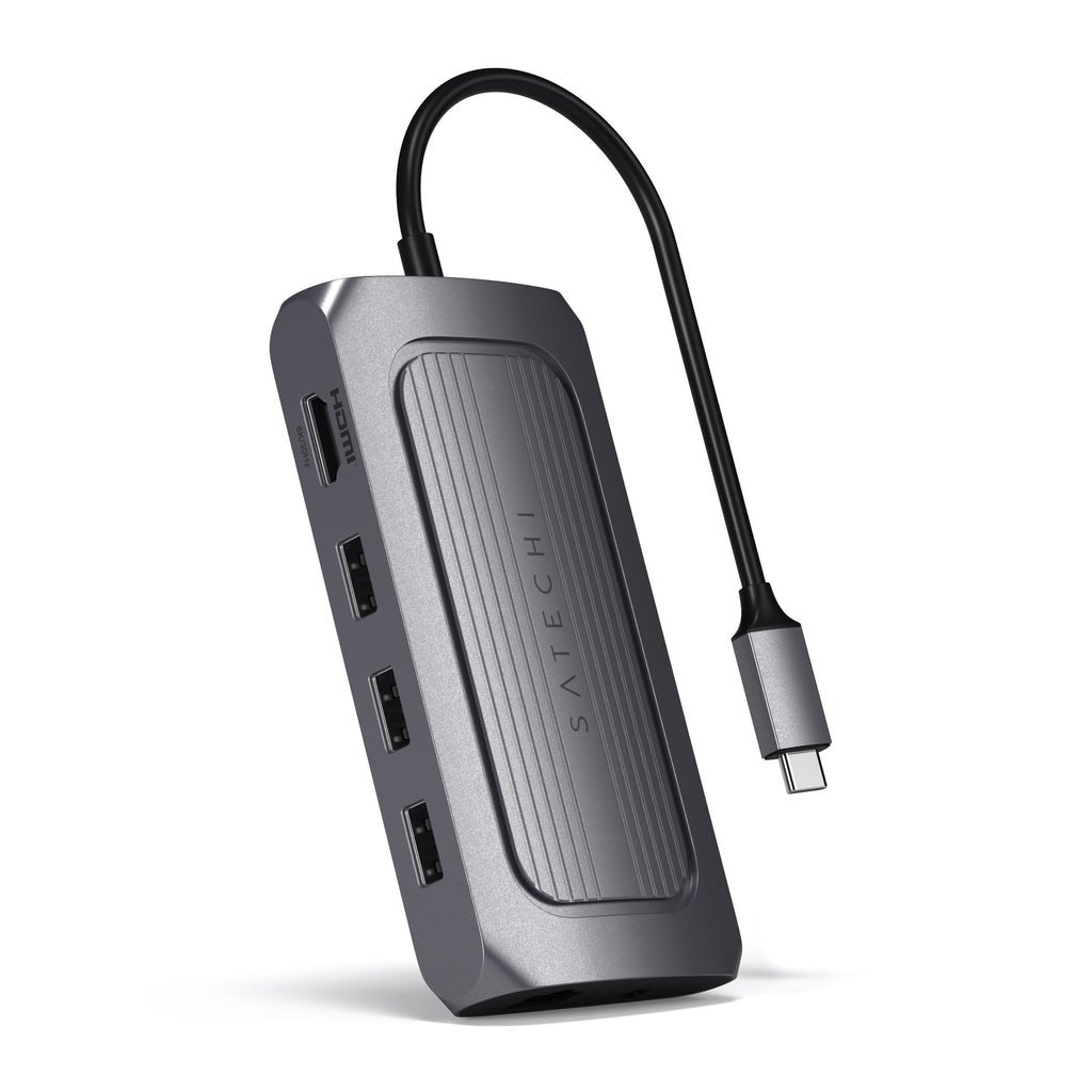 Adaptador Usb-C Multipuerto Satechi (Usb-C4, 3x Usb-A, Hdmi 8k, Ethernet, Lector De Tarjetas Micro/Sd, Puerto Jack) (Gris Espacial)