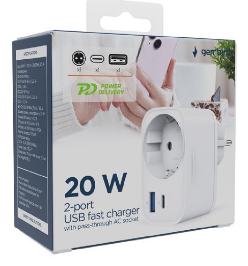 Cargador Rapido Gembird Usb De 2 Puertos Con Toma De Ca De Paso 20 W Blanco