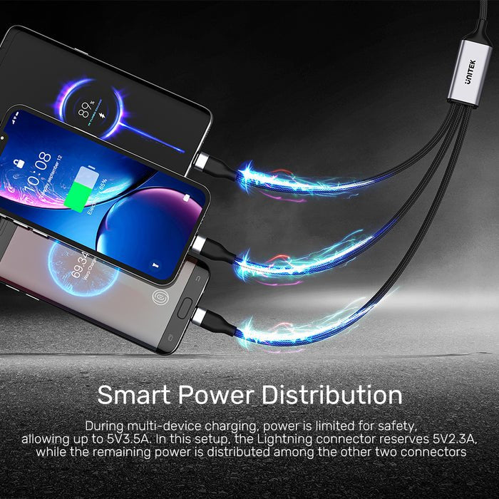 Cable Unitek C14101agy01-1.5m Usb-C 3in1 To Lightning Usb-C Micro Usb Multi Charging Black