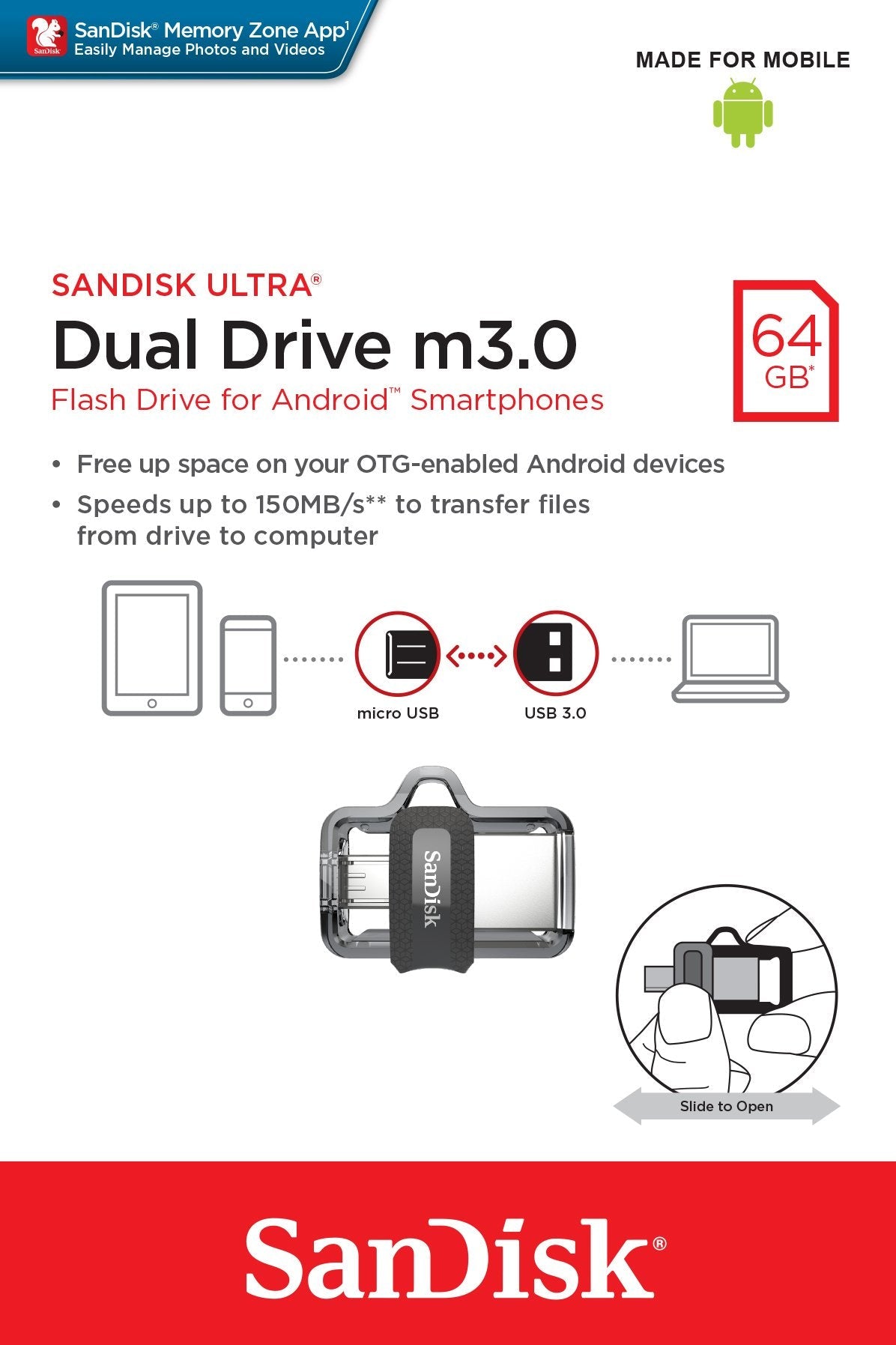 Pendrive 64gb Sandisk Dual M3.0 Ultra Usb 3.0 Microusb