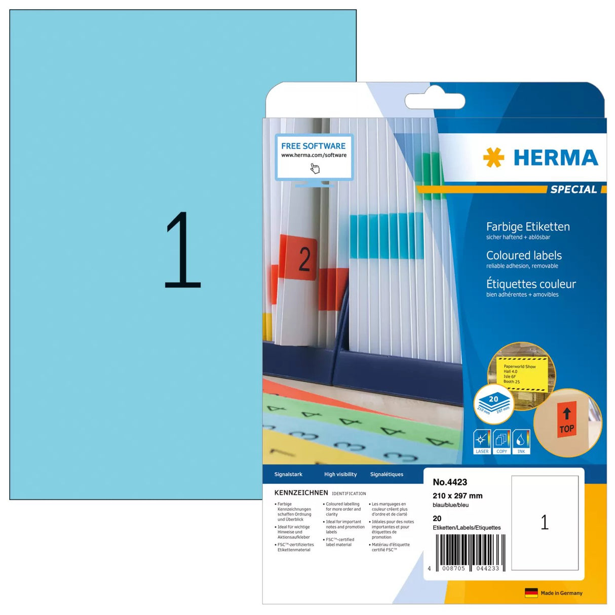 EAN 4008705044233 - HERMA 4423 etiqueta autoadhesiva Rectángulo Desmontable Azul 20 pieza(s) imagen 1