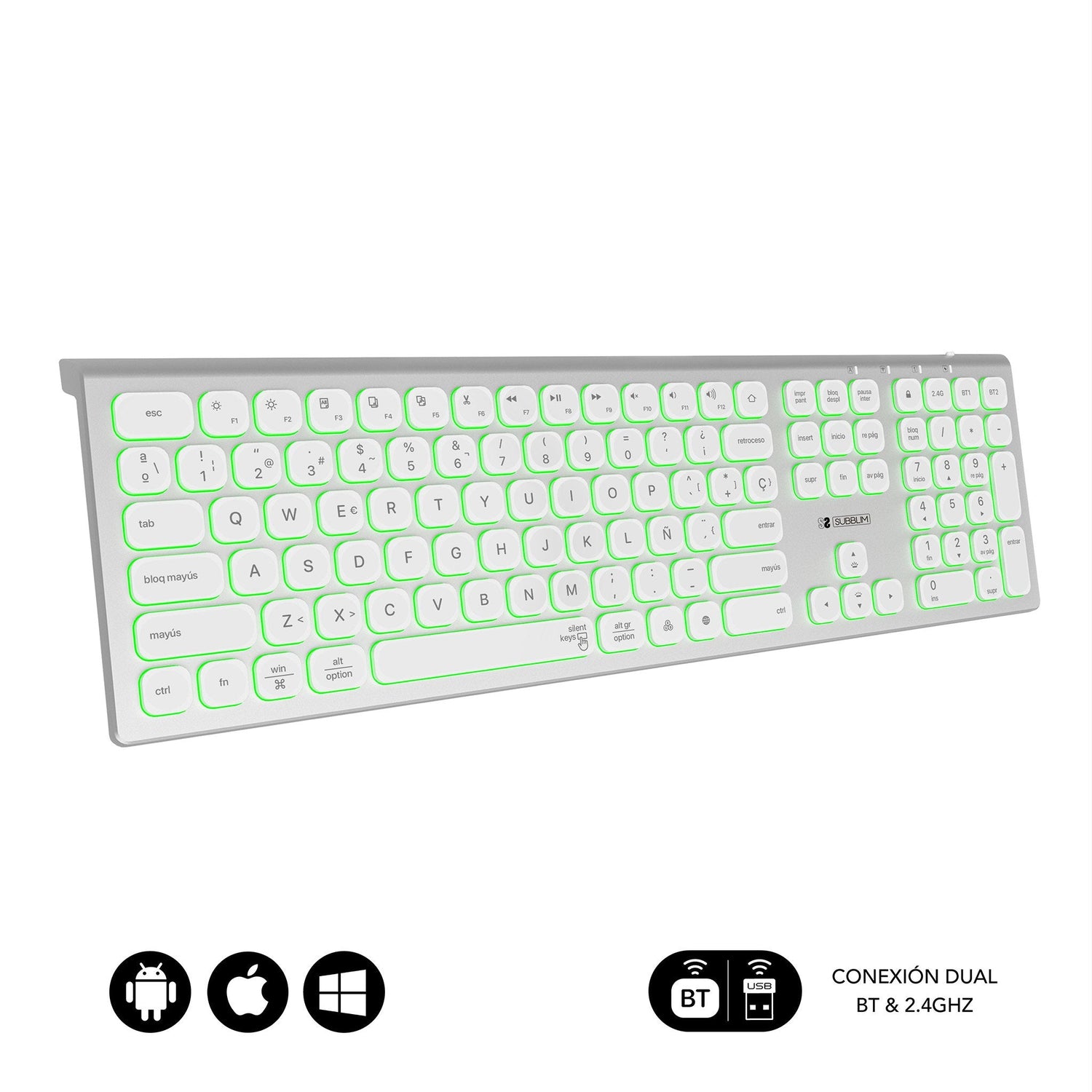 Teclado Español Inalámbrico Subblim Master Plata Y Blanco