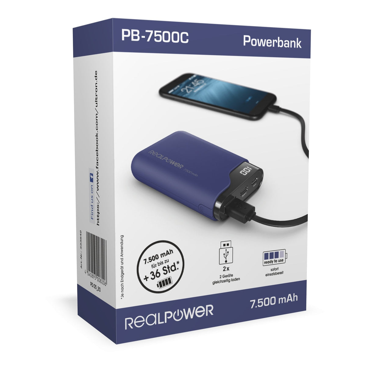 Batería Externa Realpower Pb-7500c Azul Noche, Usb C