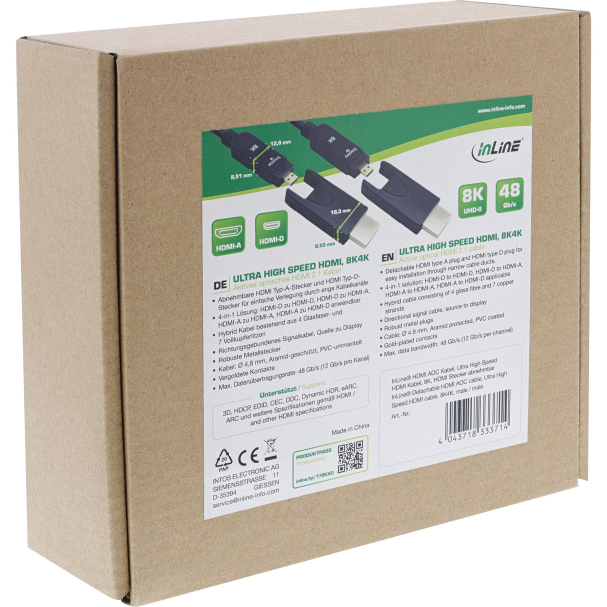 Inline® Hdmi Aoc Cable, Ultra High Speed Hdmi, 8k4k, Detachable Plug, 15m