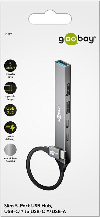 Hub Goobay Slim Usb De 5 Puertos Usb-C A Usb-C Usb-A Usb 3.2 Gen1 Gris 74460