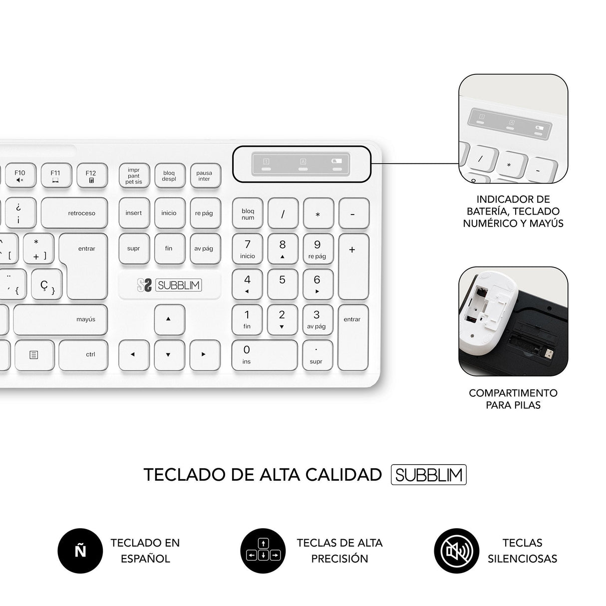 Teclado + Raton Business Slim Silencioso Wireless Blanco Subblim Español