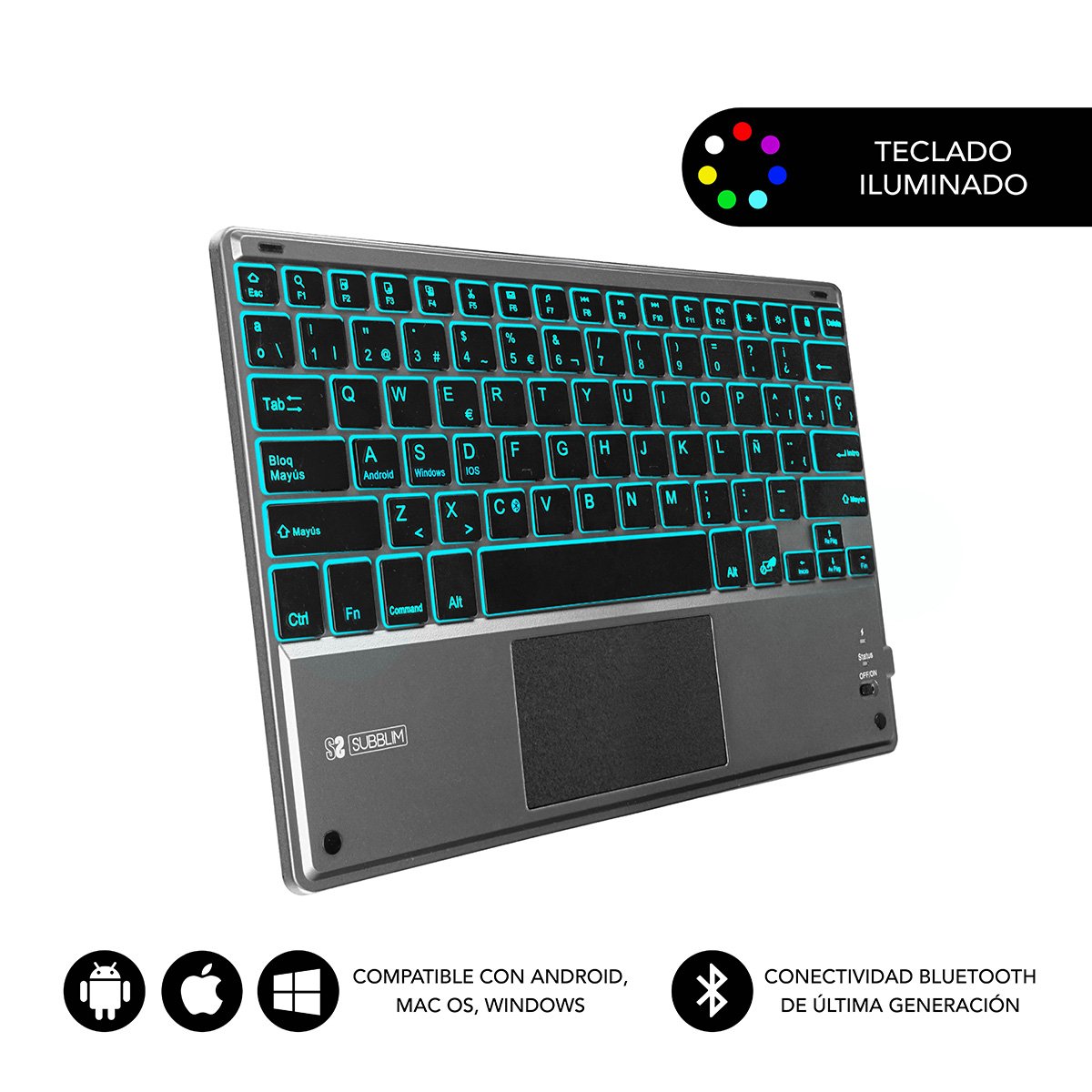 Teclado Bluetooth Subblim Smbt51 Con Touchpad Smart Blacklit Grey Bt 3.0 Teclas Iluminadas Batería 420mah Compatible Multidispositivo