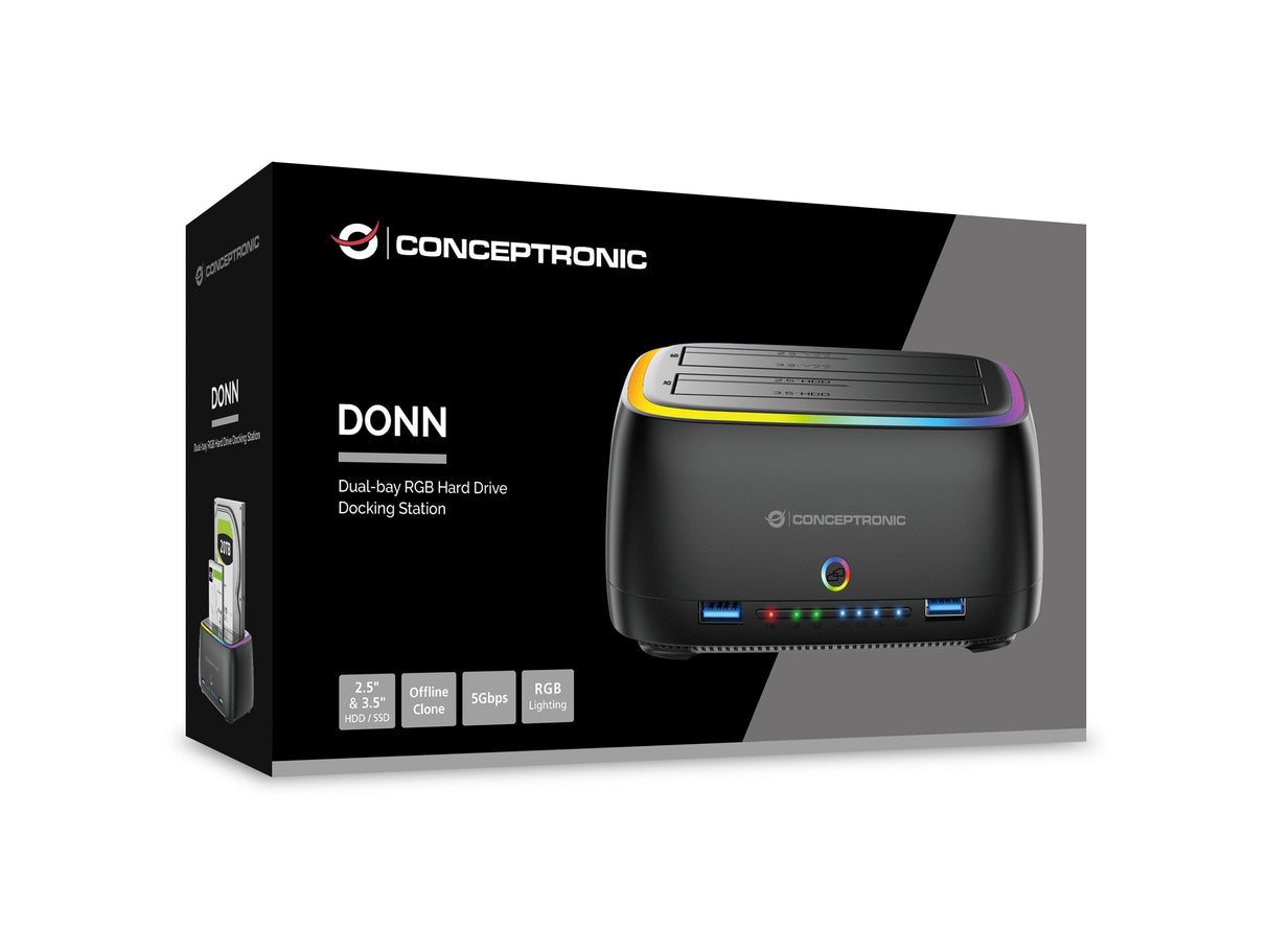 Docking Conceptronic Donn36b Usb-C Rgb Doble Bahia Sata Hdd Ssd 2.5" 3.5" Clonado Offline 2xusb-A Sd