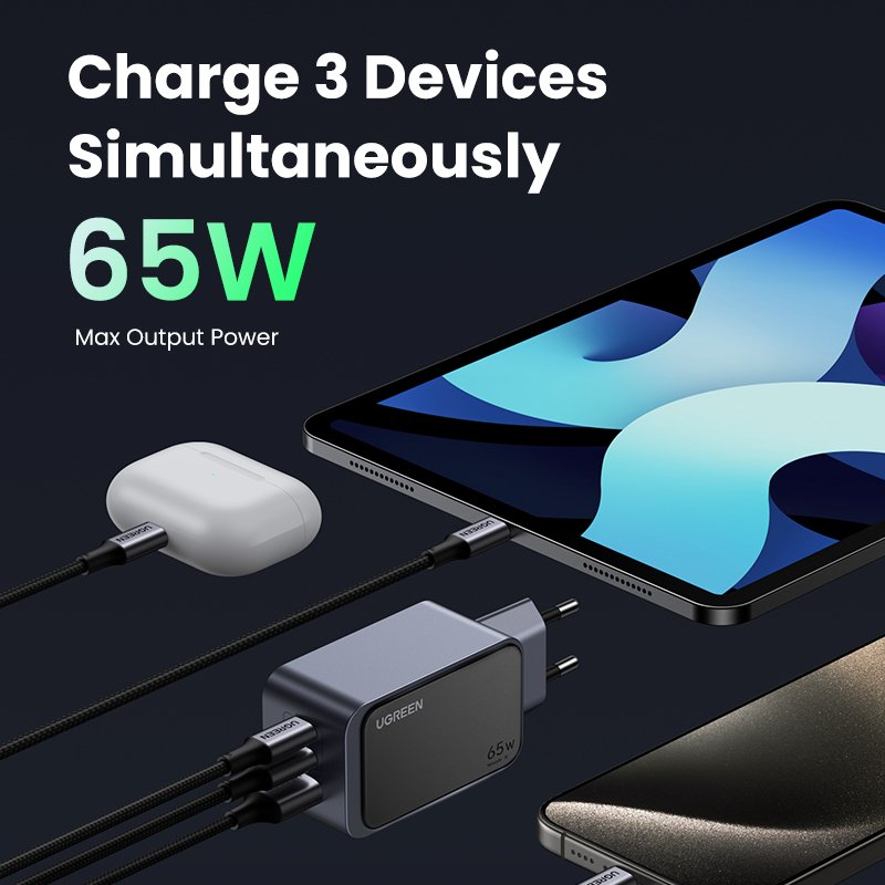 EAN 6941876230426 - Ugreen Nexode Air 65W sieninis kroviklis, USB + 2x USB-C pilkos spalvos Ordenador portátil, Teléfono móvi imagen 4