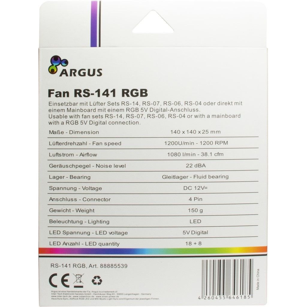 Inter-Tech Ventilador 140*140*25 Argus Rs-141 Rgb,26 Rgb-Leds Retail