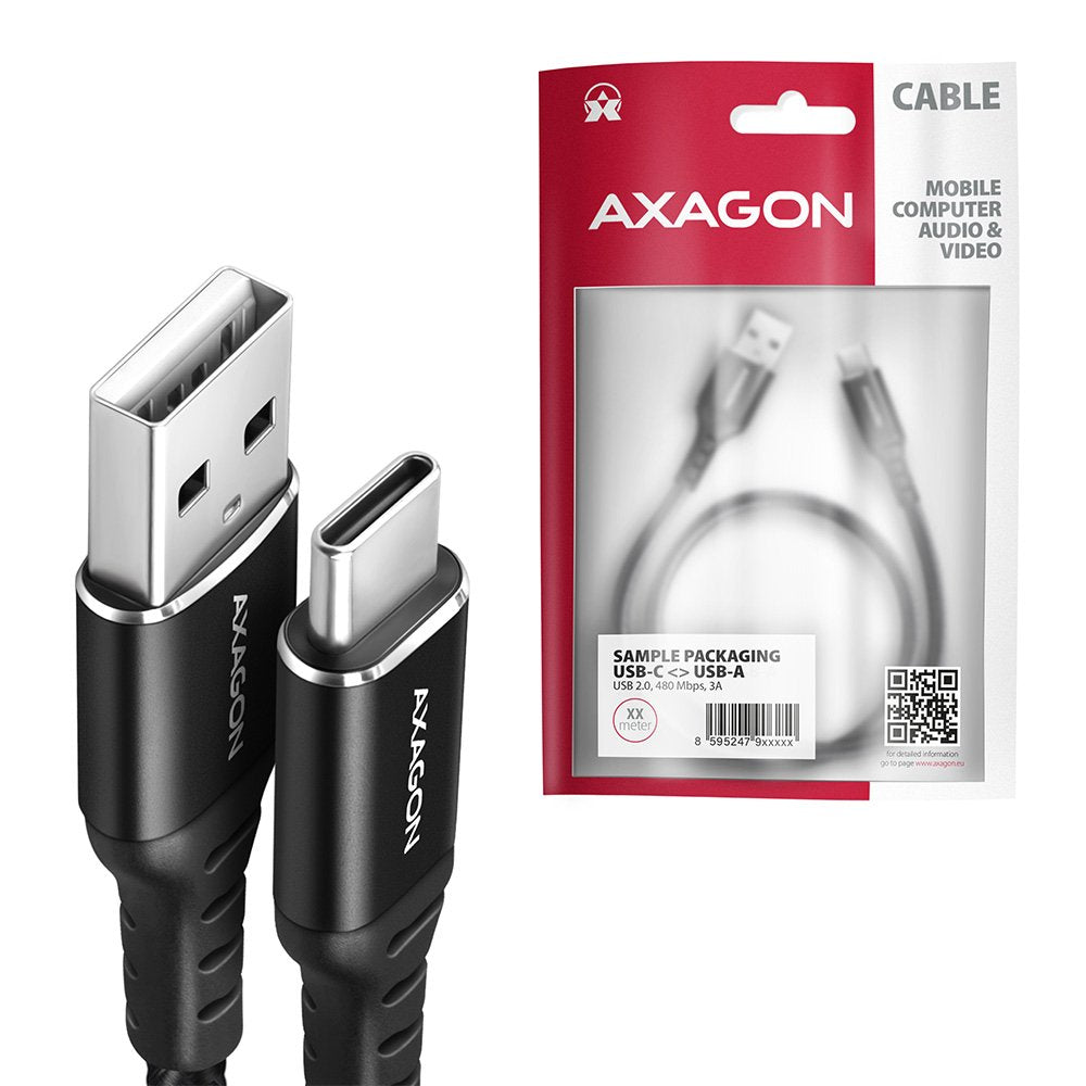 Axagon Hcm-Am20ab Usb-C Zu Usb-A Cable, 2 M, Usb 2.0, 3a, Geflochten - Negro