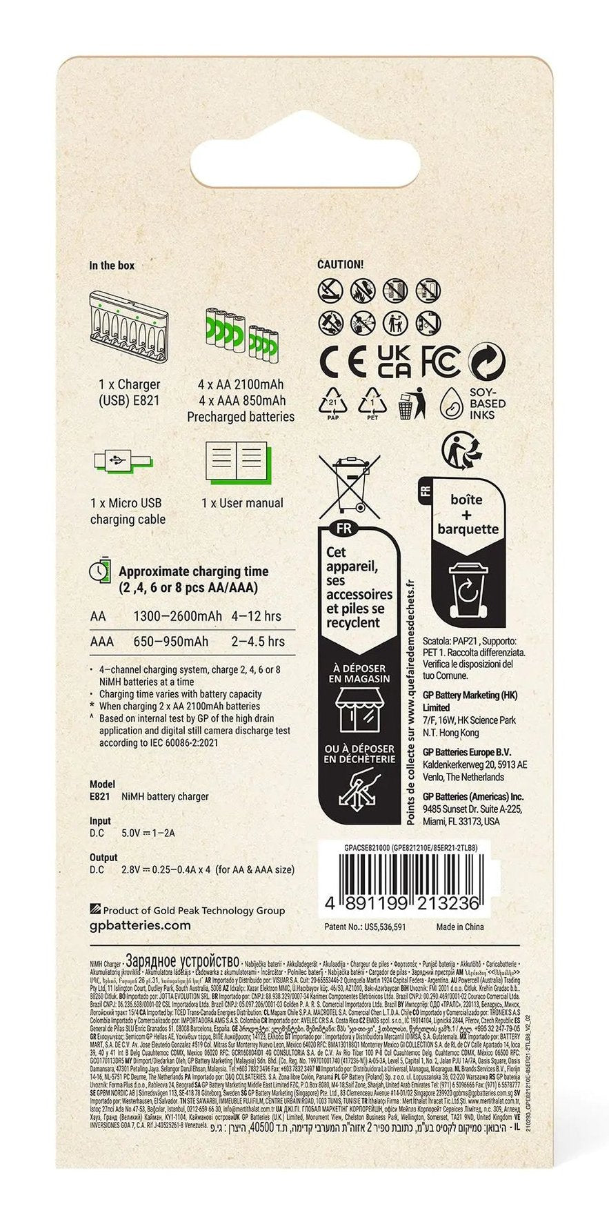 Cargador Gp Recyko E821 De 8 Celdas Redondas + 4xaa 2100mah/ 4xaa 850mah