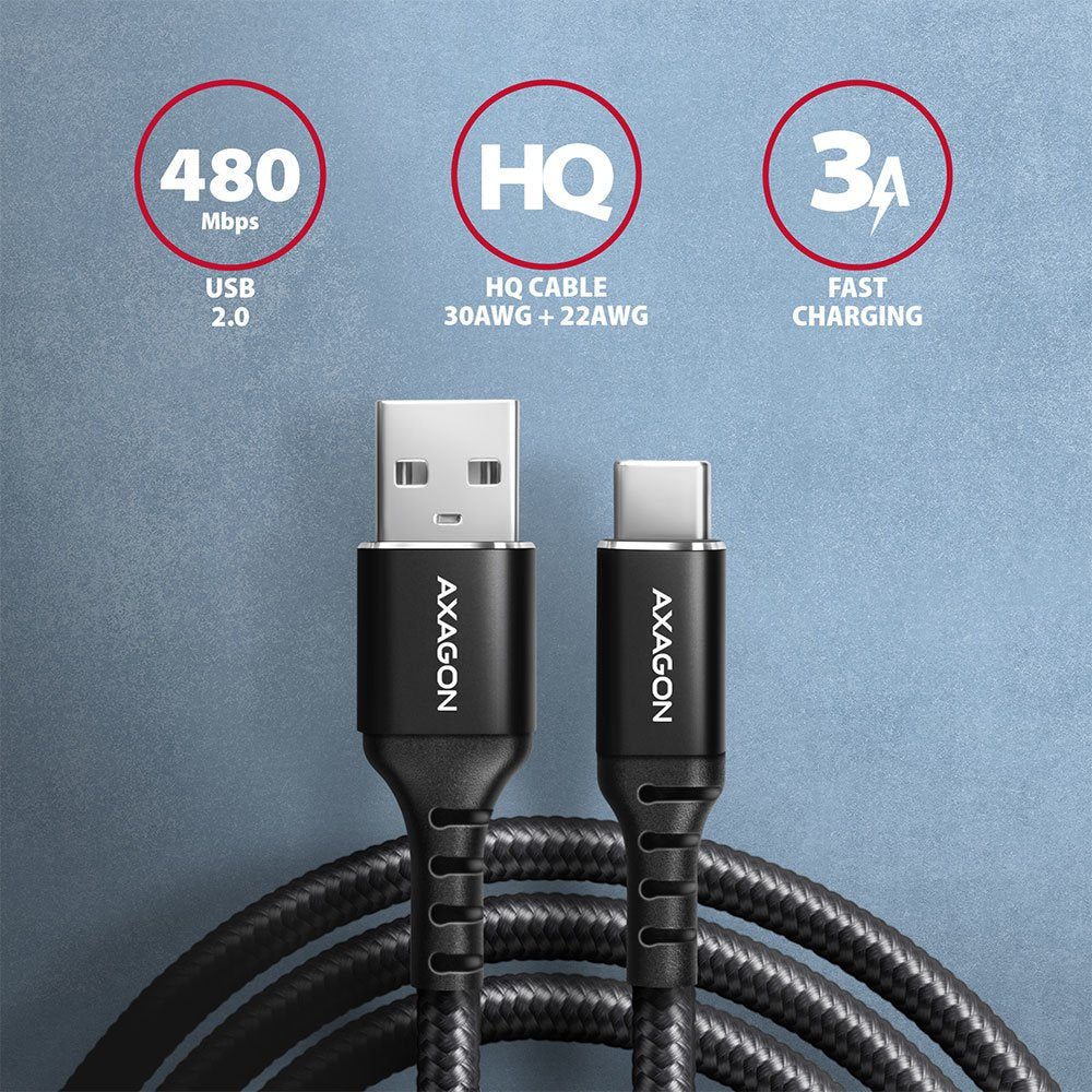 Axagon Hcm-Am20ab Usb-C Zu Usb-A Cable, 2 M, Usb 2.0, 3a, Geflochten - Negro