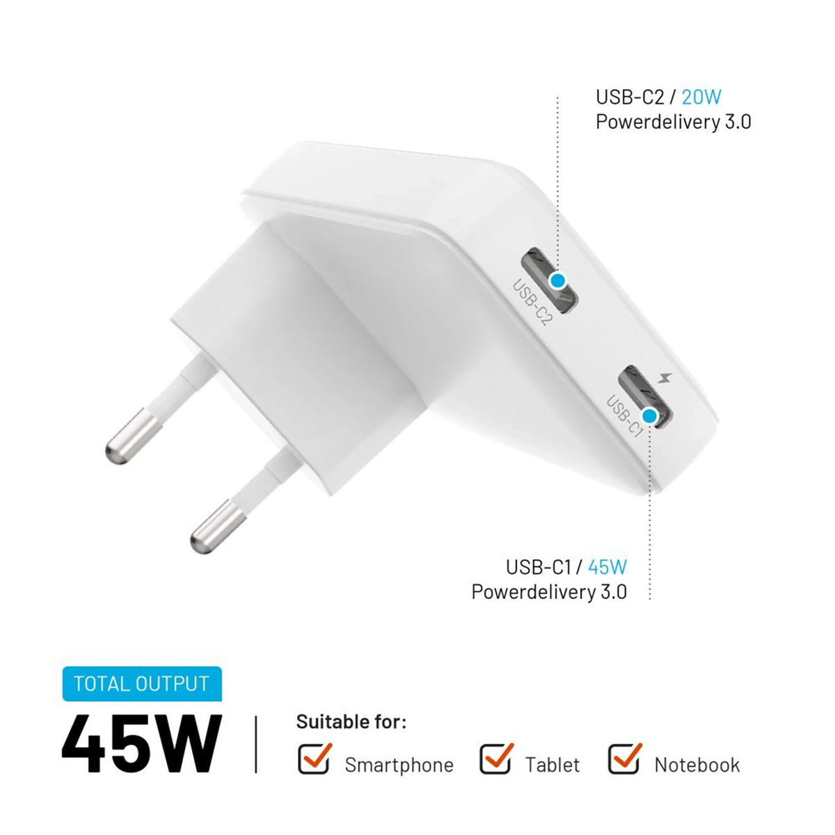 Fixed Slim 2xusb-C Travel Charger, Gan, Pd Support, 45w, White