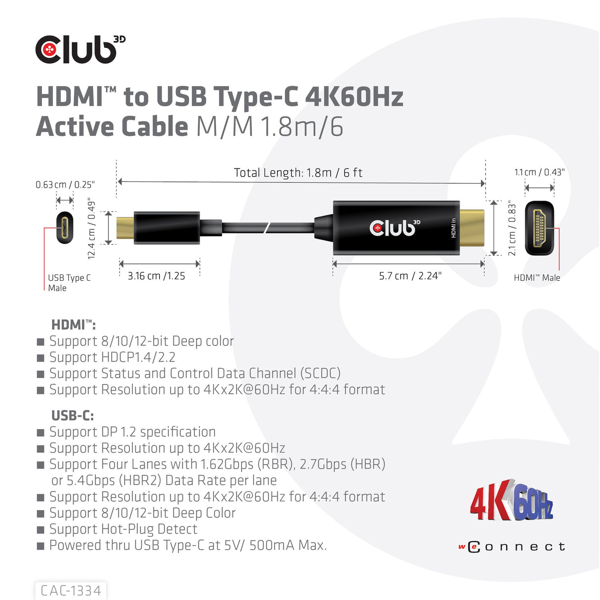 EAN 8719214472054 - CLUB3D CAC-1334 adaptador de cable de vídeo 1,8 m HDMI tipo A (Estándar) USB Tipo C Negro imagen 4