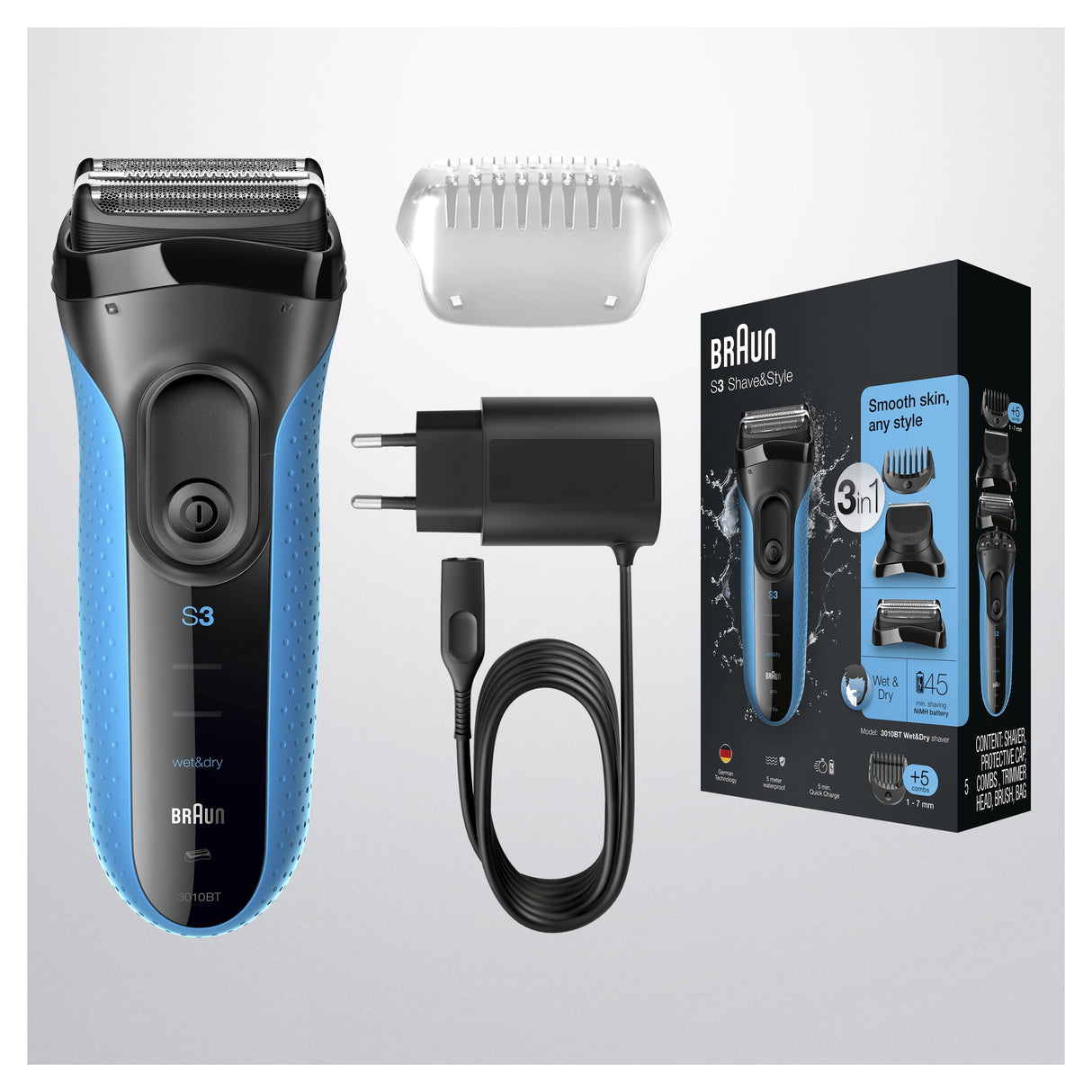 EAN 4210201151562 - Braun Series 3 Shave&Style 3010BT Máquina de afeitar de láminas Recortadora Negro, Azul imagen 6