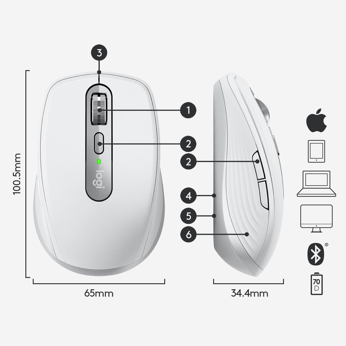 Logitech Mx Anywhere 3 Raton Inalambrico Usb 4000dpi Recargable 5 Botones Blanco