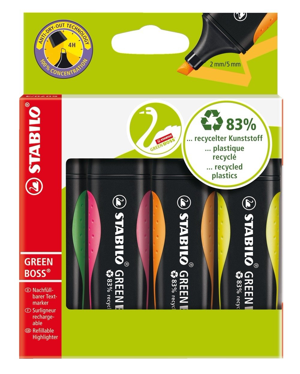 EAN 4006381436854 - STABILO GREEN BOSS marcador 4 pieza(s) Punta de cincel Verde, Naranja, Rosa, Amarillo imagen 1