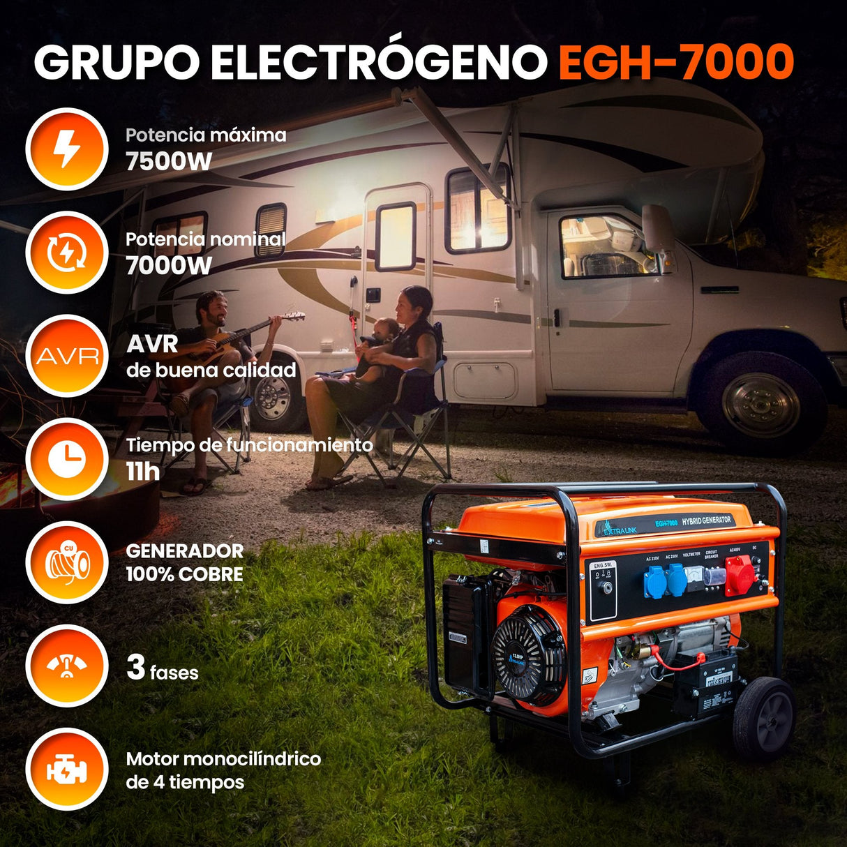 Extralink Ex.30714 Motor-Generador 7000 W 25 L Gasolina Negro, Naranja