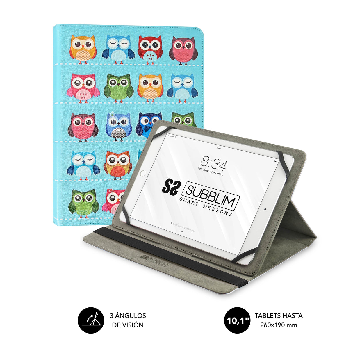 Funda Universal Subblim Trendy Owls Para Tablet Hasta 10.1'/25.6cm Exterior Símil Piel Interior Aterciopelado Cierre Banda