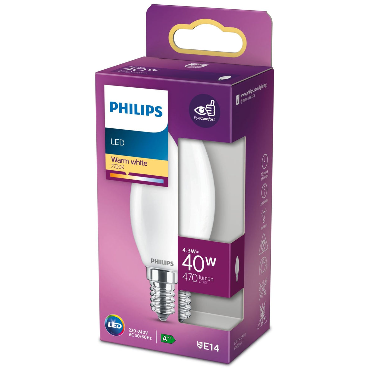 Signify Philips - Lámpara Led - Form: B35 - Mate Finish - E14 - 4.3 W (Equivalente 40 W)