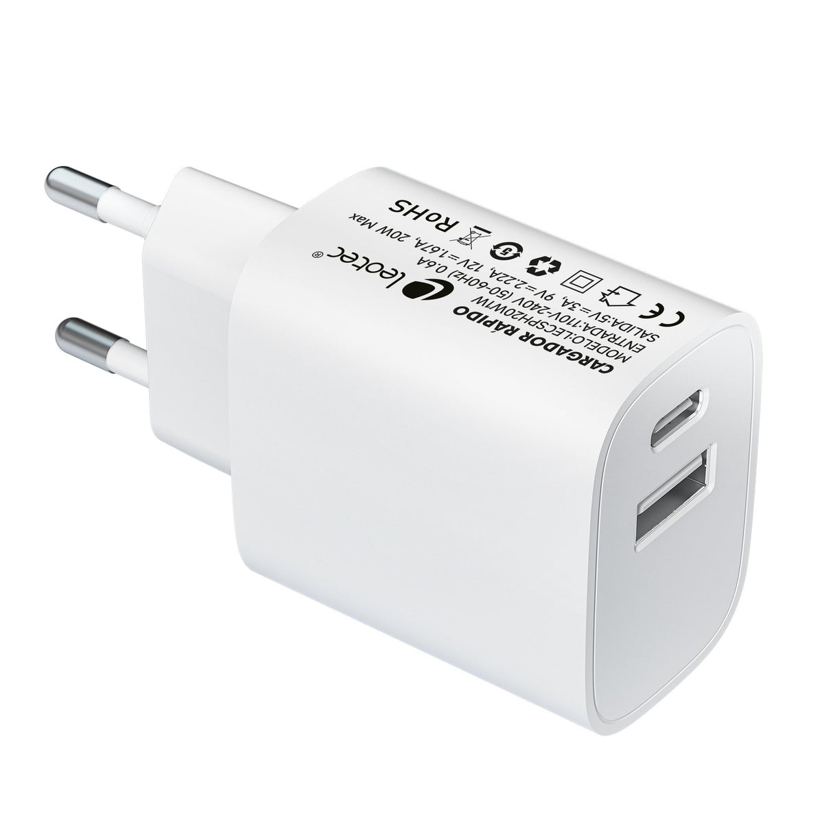 Cargador De Pared Leotec Lecsph20w2w 1xusb Tipo-C 1xusb 20w