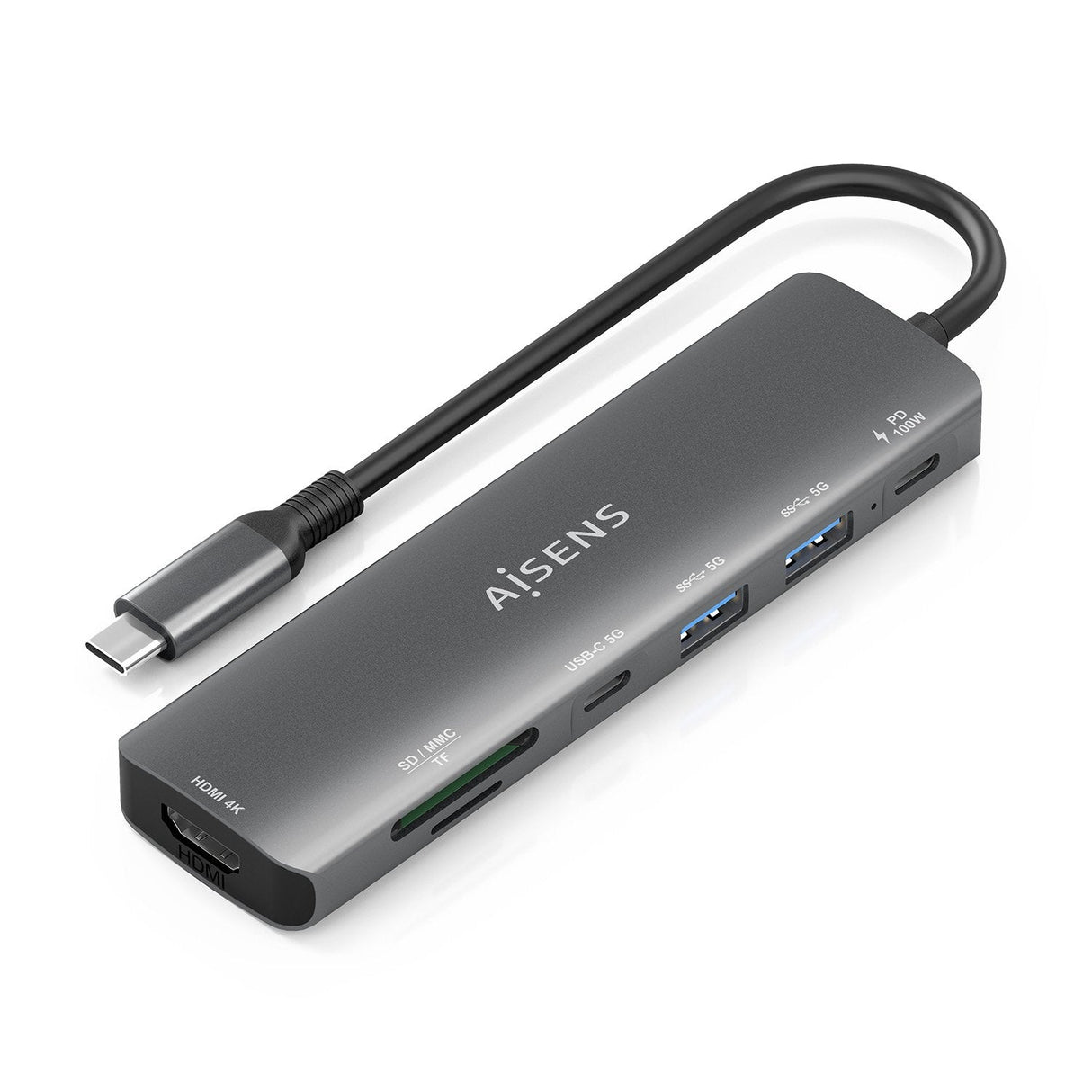 Aisens Usb-C Dock 7 En 1, Usb-C A 1xhdmi, 2xusb-A, 1xusb-C, 1xusb-C Pd 100w, 1xsd, 1xmicro Sd, Gris, 15cm