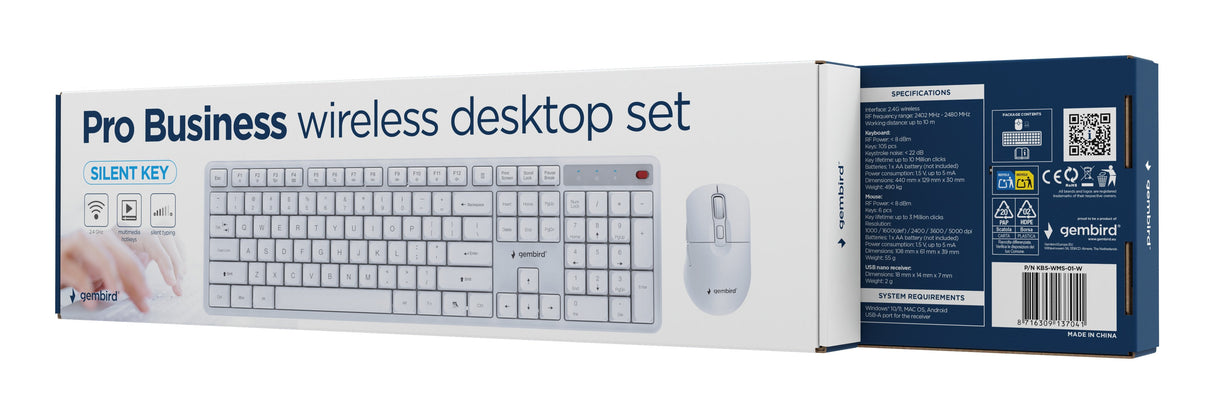 Keyboard +Mouse Wrl Eng/White Kbs-Wms-01-W Gembird