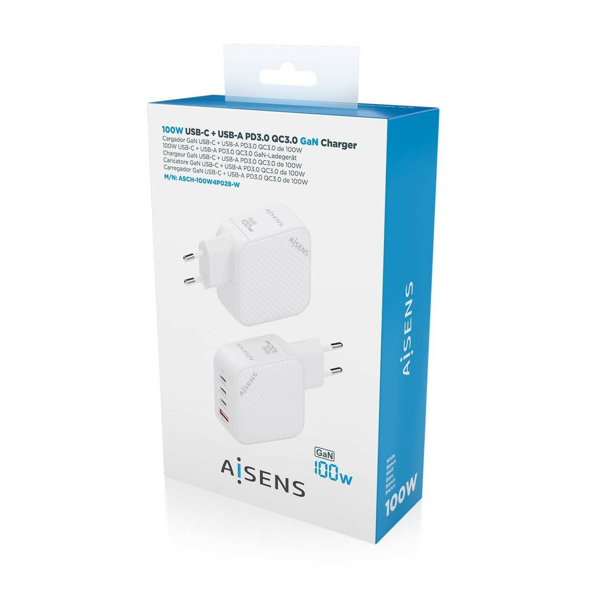 Aisens Cargador Gan 100w, 3xusb-C Pd3.0 Qc4.0, 1xusb-A Qc3.0, Blanco