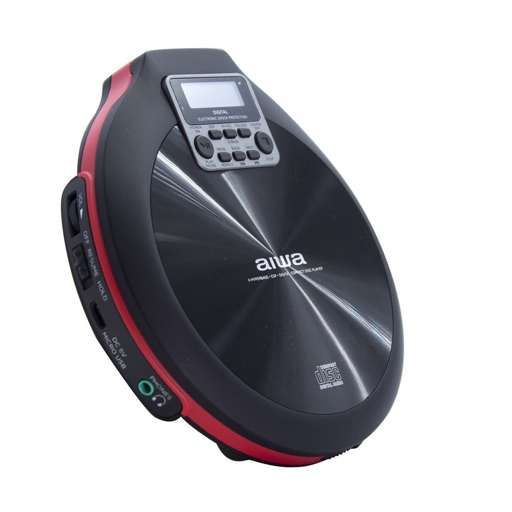 Cd Portatil Aiwa Pcd-810rd X-Hyperbass System Lector Cd/Cdr/Mp3 Bateria Recargable Por Usb Color Negro/Rojo
