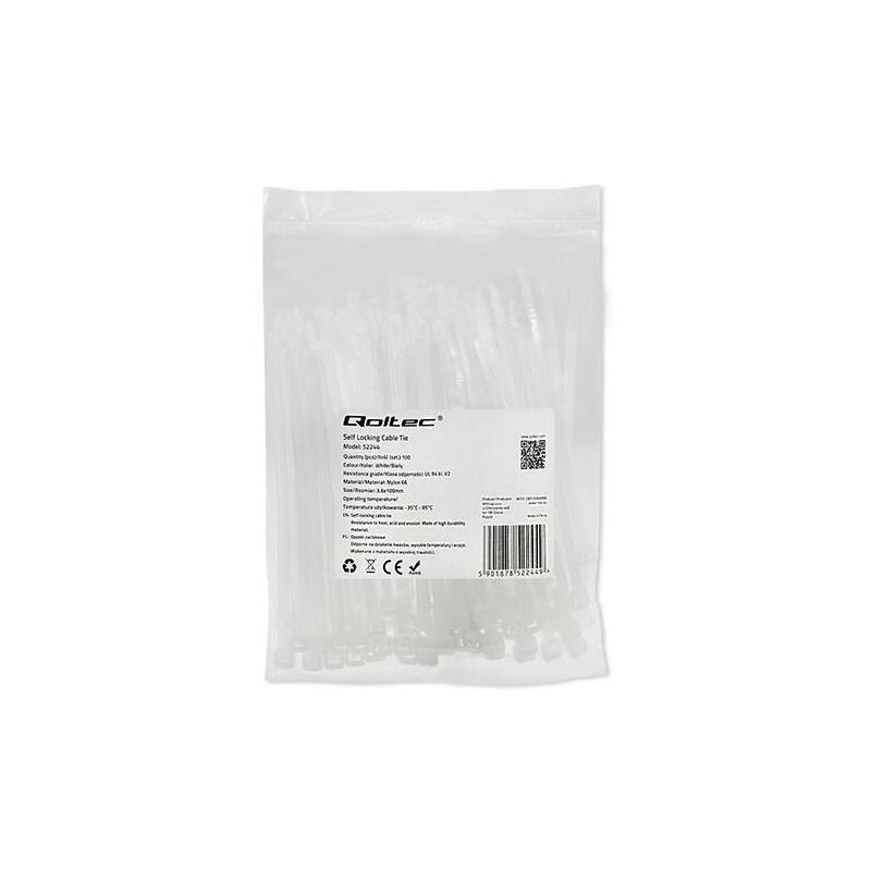 100 Bridas Qoltec 52244 Self Locking 3.6x100mm Nylon Uv White