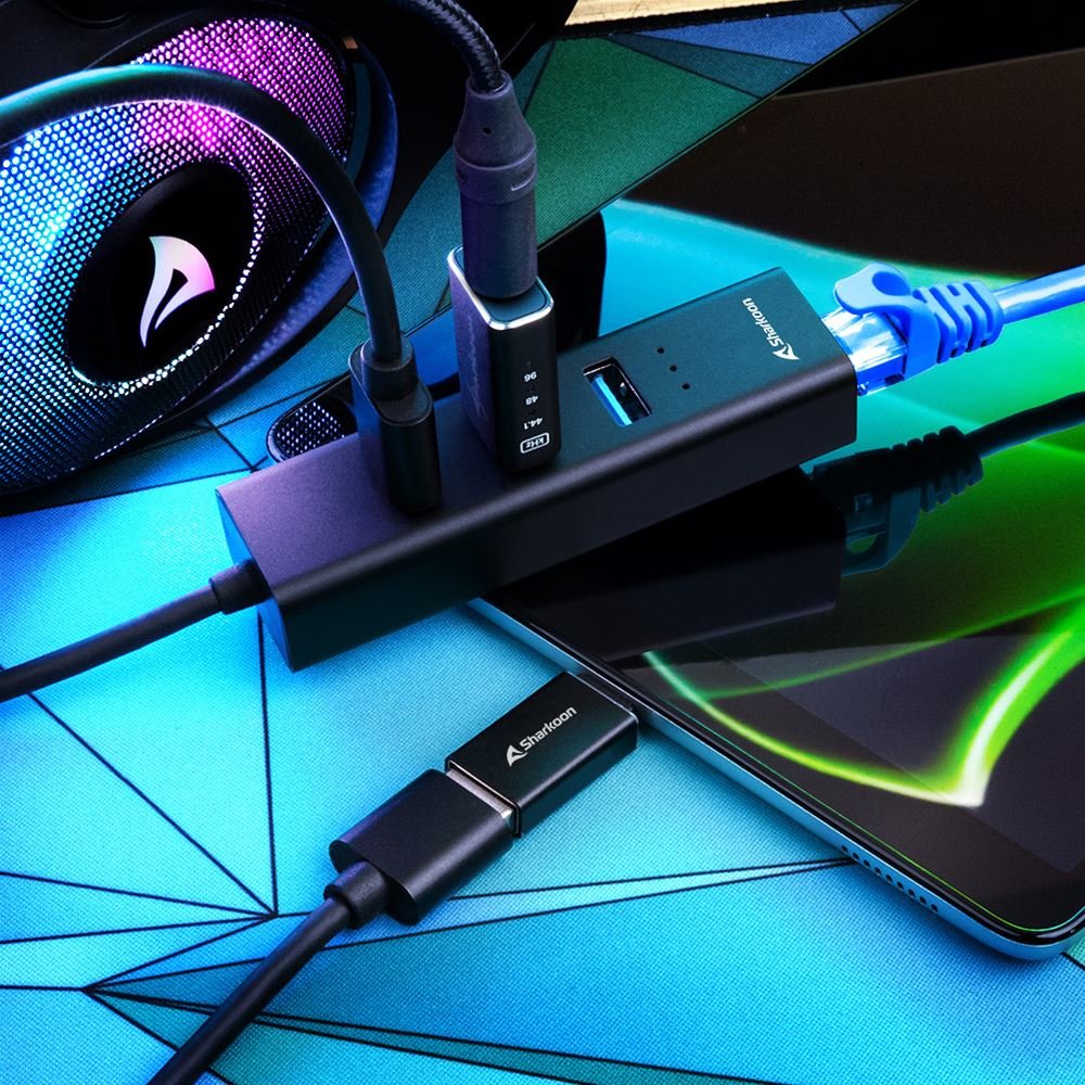 Sharkoon 3-Port Usb 3.2 Gen 1 Alu Hub + Ethernet, Dockingstation 4044951037575