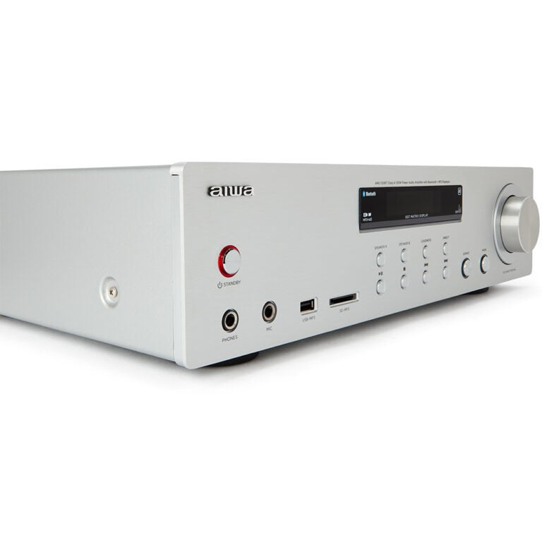 Amplificador Aiwa Amu-120bt Plata 2xcanales/Chasis Metal/2xout 60w/Bt 5.0/Usb/Sd Amu-120btsr