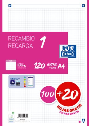 Oxford Recambio Classic A4 100+20h Gratis 4x4mm 1 Banda Color Fucsia