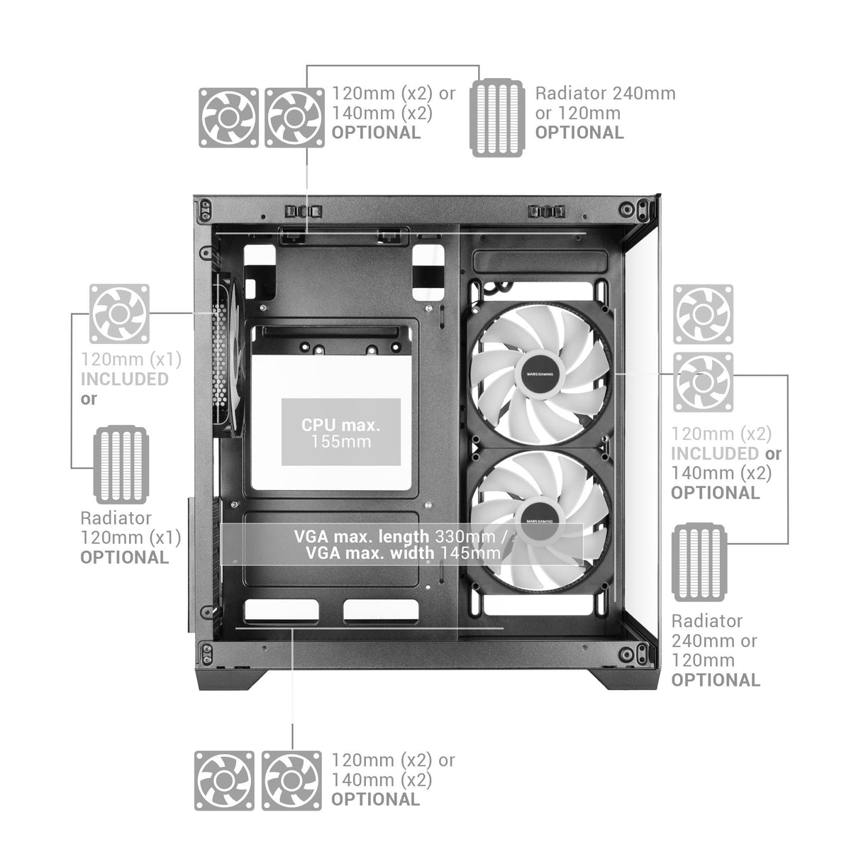 Caja Pc Microatx Mars Gaming Mc-View3 Gpu Max 330mm Cristal Templado Panoramico Argb Usb-C Negra