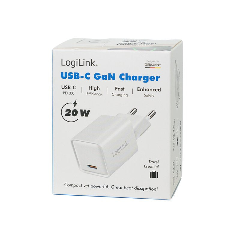 Logilink Usb-C Charger, 20 W, Gan, 1-Port, 1x Usb-C (Pd), Blanco